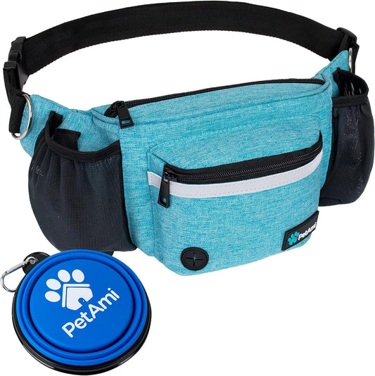 Dog Fanny Pack, Treat Pouch for Dog Walking, Training, Built in Poop Bag Dispenser, Water Bottle Holder, Collapsible Bowl, Pet Treat Waist Belt for Hiking, Running, Kibbles (Turquoise)