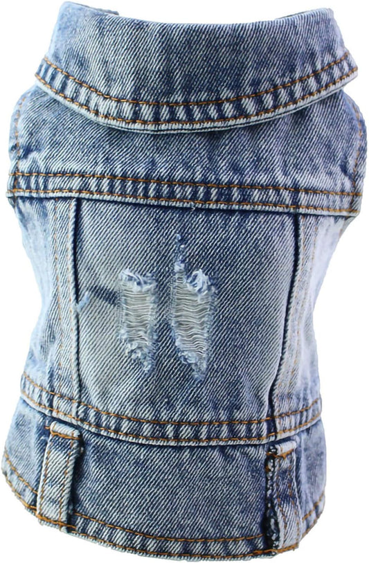 Vintage Washed Denim Dog Jeans Jacket - Cool Puppy Lapel Vests for Small Medium Dogs & Cats