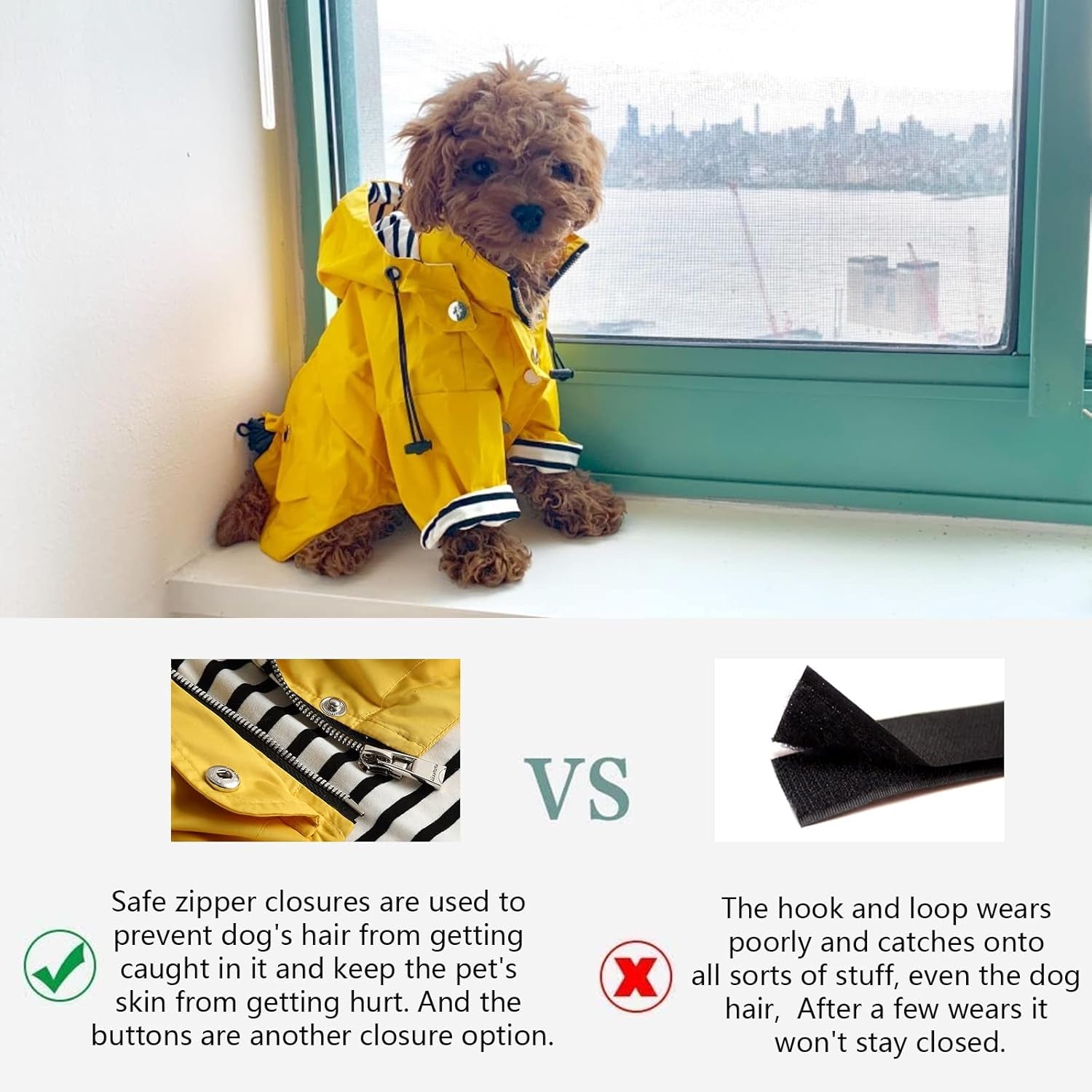 Dog Zip up Raincoat with Reflective Buttons, Rain/Water Resistant, Adjustable Drawstring, Removable Hood, Raincoats with Legs 8Lbs to 80Lbs Available - Grid Blue - Large