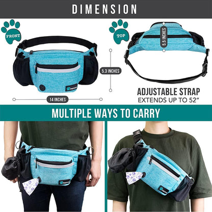 Dog Fanny Pack, Treat Pouch for Dog Walking, Training, Built in Poop Bag Dispenser, Water Bottle Holder, Collapsible Bowl, Pet Treat Waist Belt for Hiking, Running, Kibbles (Turquoise)