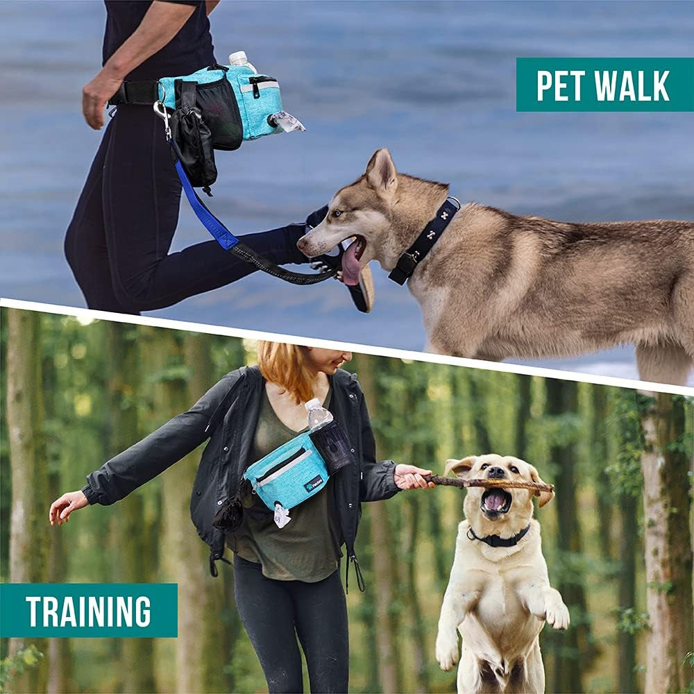 Dog Fanny Pack, Treat Pouch for Dog Walking, Training, Built in Poop Bag Dispenser, Water Bottle Holder, Collapsible Bowl, Pet Treat Waist Belt for Hiking, Running, Kibbles (Turquoise)