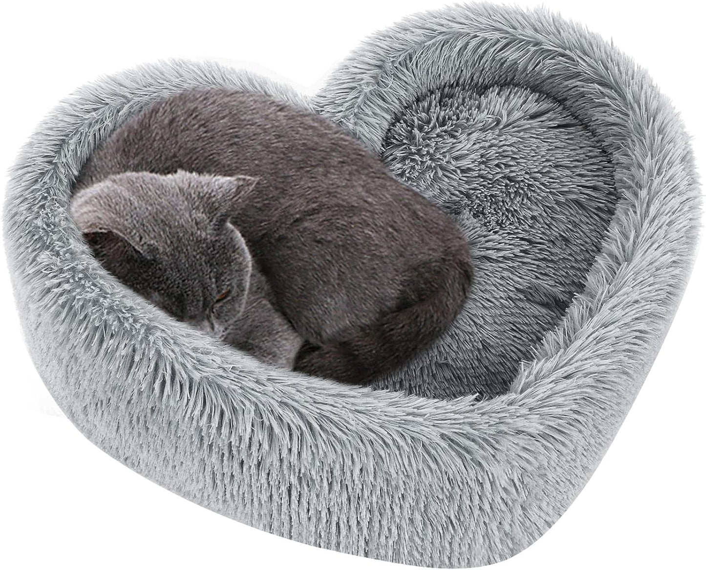 Heart Cat Bed - Removable, Washable Cushioned Pillow, Fits Cats & Small Dogs up to 30 Lbs, Faux Fur, Non-Slip, Grey
