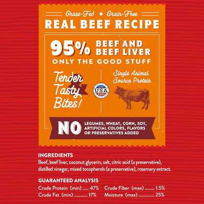 Premium Beef Jerky Dog Treats - 95% Real Meat Bites for Sensitive Stomachs - Natural Limited Ingredient Treats for Small and Large Dogs - No Grain, Wheat or Soy - 6 Oz Bag