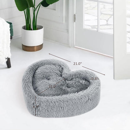 Heart Cat Bed - Removable, Washable Cushioned Pillow, Fits Cats & Small Dogs up to 30 Lbs, Faux Fur, Non-Slip, Grey