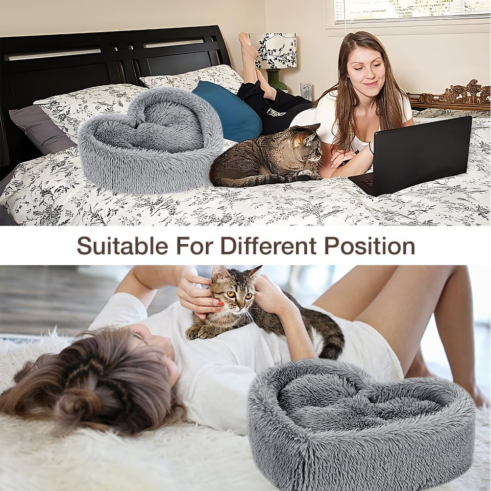 Heart Cat Bed - Removable, Washable Cushioned Pillow, Fits Cats & Small Dogs up to 30 Lbs, Faux Fur, Non-Slip, Grey