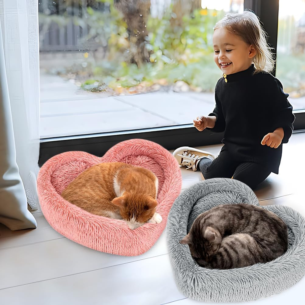 Heart Cat Bed - Removable, Washable Cushioned Pillow, Fits Cats & Small Dogs up to 30 Lbs, Faux Fur, Non-Slip, Grey
