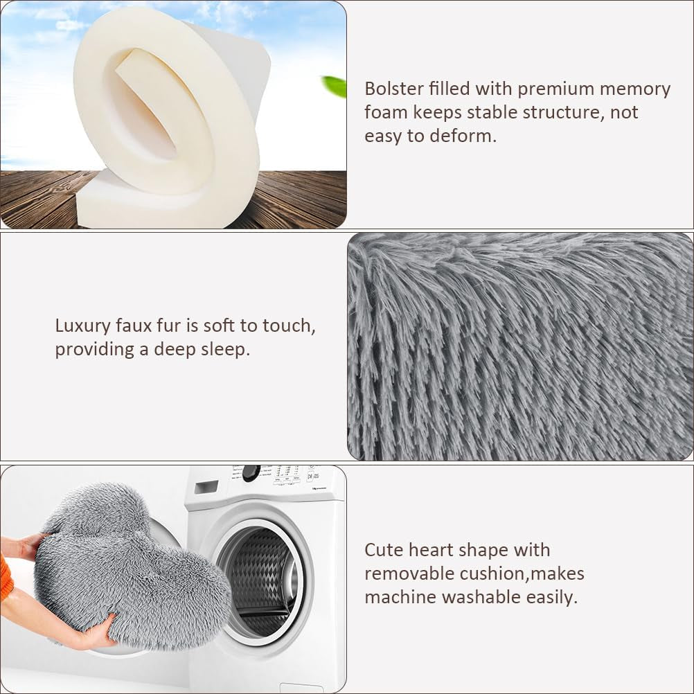 Heart Cat Bed - Removable, Washable Cushioned Pillow, Fits Cats & Small Dogs up to 30 Lbs, Faux Fur, Non-Slip, Grey