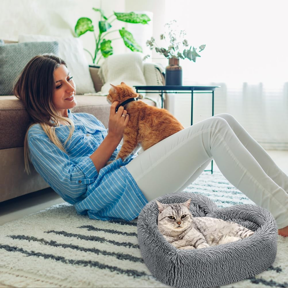 Heart Cat Bed - Removable, Washable Cushioned Pillow, Fits Cats & Small Dogs up to 30 Lbs, Faux Fur, Non-Slip, Grey