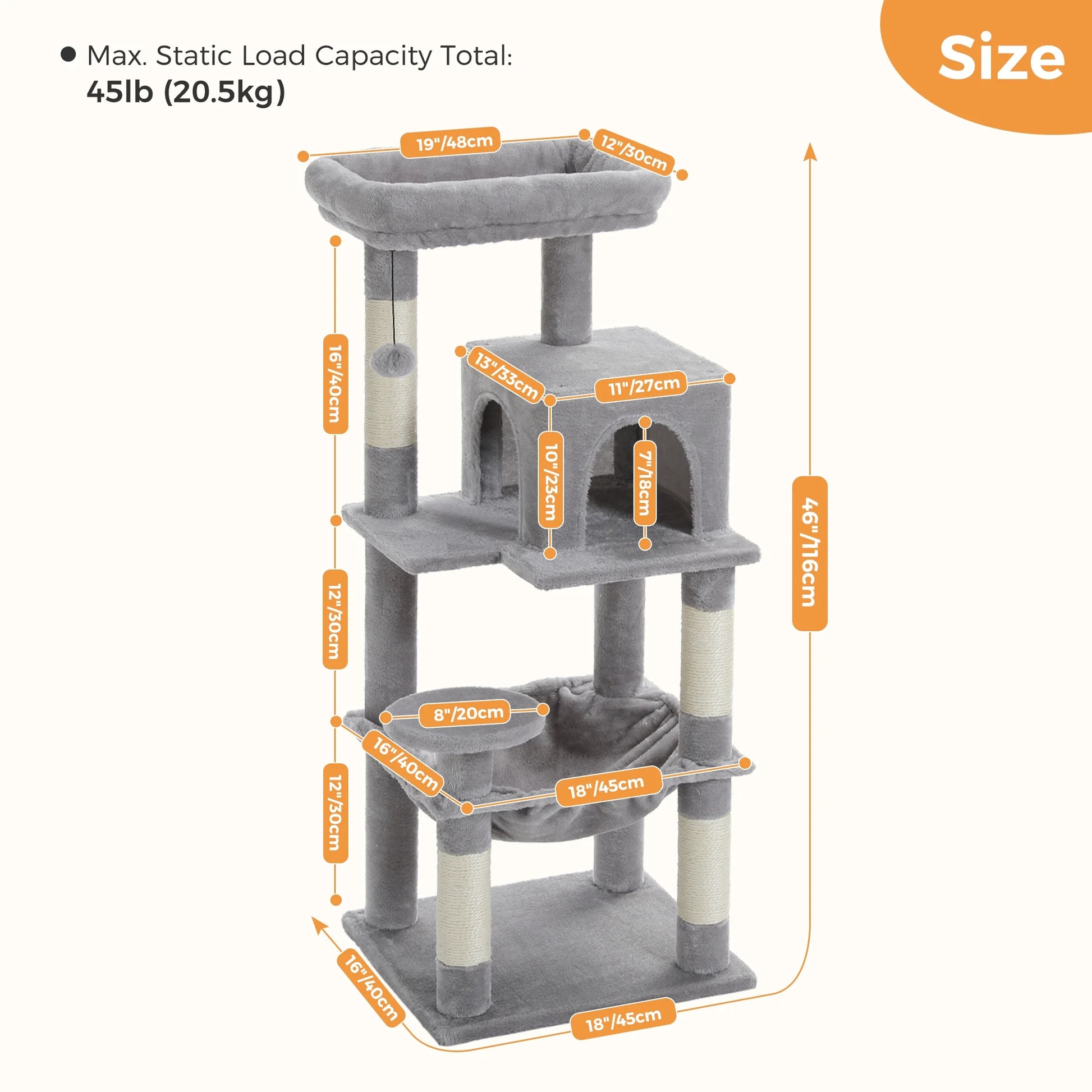 Cat Tree 46” for Indoor Small Cats Multi-Level Cat Tower with Scratching Posts, Perch and Hammock, Gray