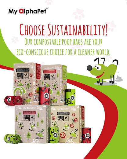 Compostable Dog Poop Bags, Cornstarch Eco-Friendly, HOME COMPOST NF T 51-800, 120 Count, Large Size Bag 9X13 Inches, 8 Unscented Refill Rolls, Leak-Proof, Plantbased, Gm-Free Corn (Red)